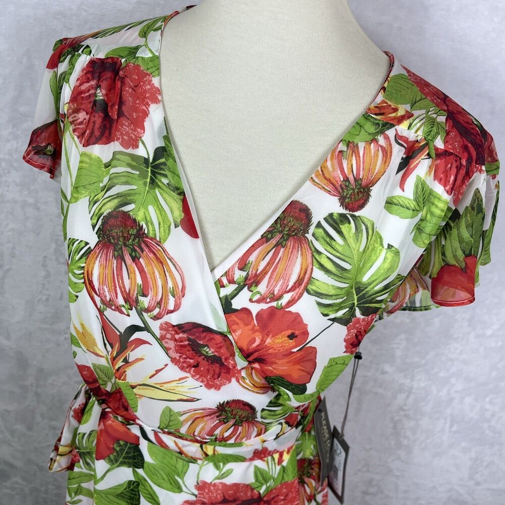 Eva Mendes Wrap Around Dress Hibiscus Monstera Green Red Size Medium NEW - Picture 2 of 9